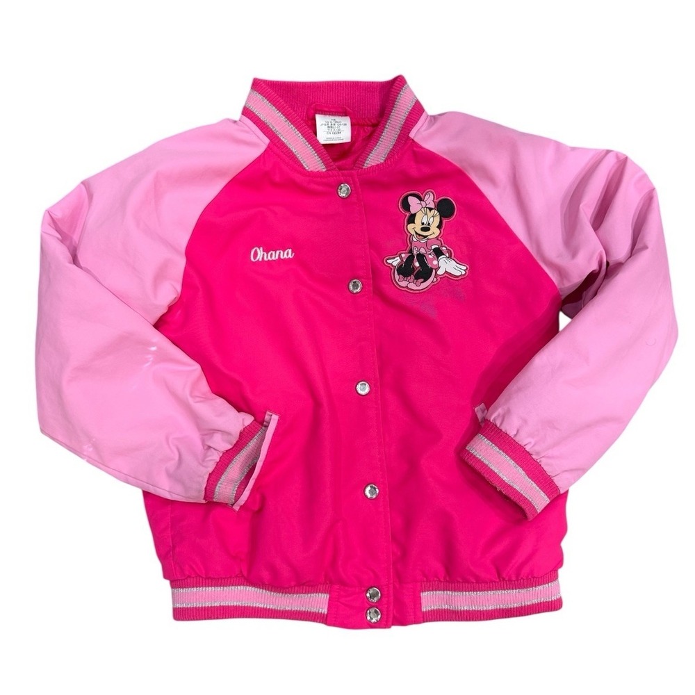 Disney Minnie Mouse Bomber Jacket Pink Girls 7/8 Ohana "Family" Embroidered